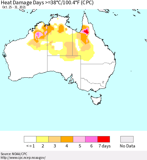 Australia Heat Damage Days >=38°C/100°F (CPC) Thematic Map For 10/25/2021 - 10/31/2021