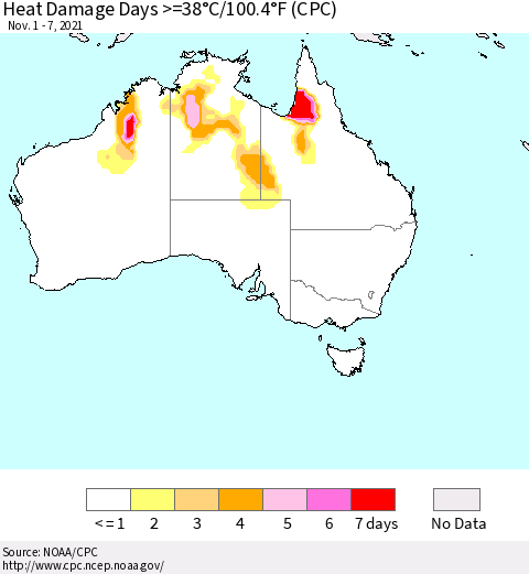 Australia Heat Damage Days >=38°C/100°F (CPC) Thematic Map For 11/1/2021 - 11/7/2021