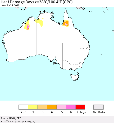 Australia Heat Damage Days >=38°C/100°F (CPC) Thematic Map For 11/8/2021 - 11/14/2021