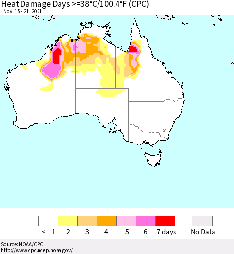 Australia Heat Damage Days >=38°C/100°F (CPC) Thematic Map For 11/15/2021 - 11/21/2021