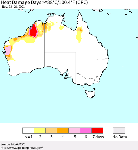 Australia Heat Damage Days >=38°C/100°F (CPC) Thematic Map For 11/22/2021 - 11/28/2021