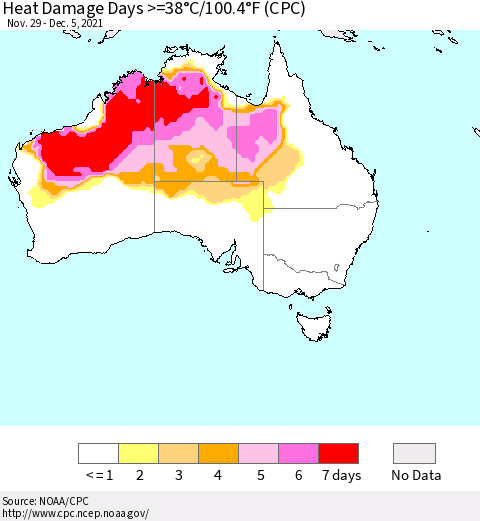 Australia Heat Damage Days >=38°C/100°F (CPC) Thematic Map For 11/29/2021 - 12/5/2021