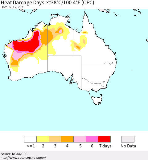 Australia Heat Damage Days >=38°C/100°F (CPC) Thematic Map For 12/6/2021 - 12/12/2021