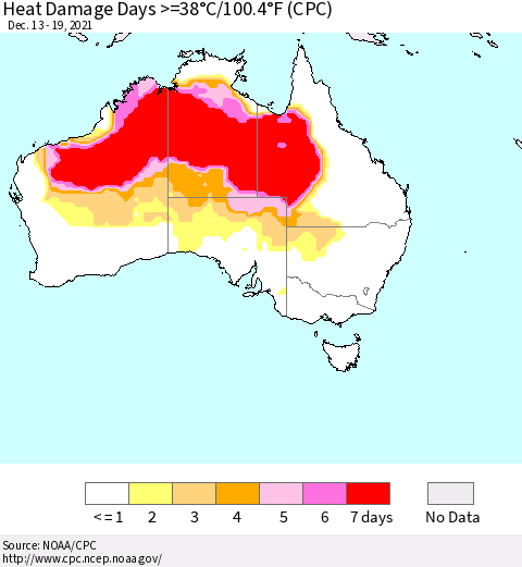 Australia Heat Damage Days >=38°C/100°F (CPC) Thematic Map For 12/13/2021 - 12/19/2021