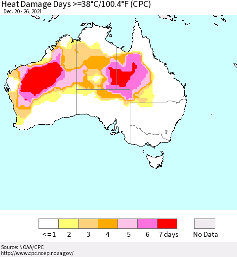 Australia Heat Damage Days >=38°C/100°F (CPC) Thematic Map For 12/20/2021 - 12/26/2021