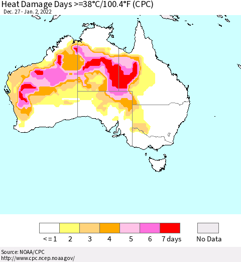 Australia Heat Damage Days >=38°C/100°F (CPC) Thematic Map For 12/27/2021 - 1/2/2022