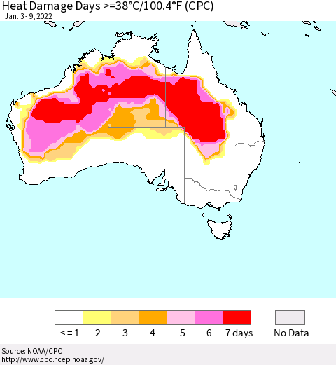 Australia Heat Damage Days >=38°C/100°F (CPC) Thematic Map For 1/3/2022 - 1/9/2022