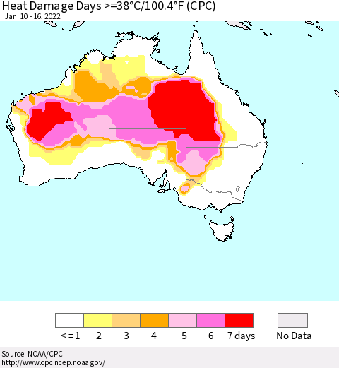 Australia Heat Damage Days >=38°C/100°F (CPC) Thematic Map For 1/10/2022 - 1/16/2022