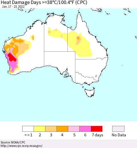 Australia Heat Damage Days >=38°C/100°F (CPC) Thematic Map For 1/17/2022 - 1/23/2022