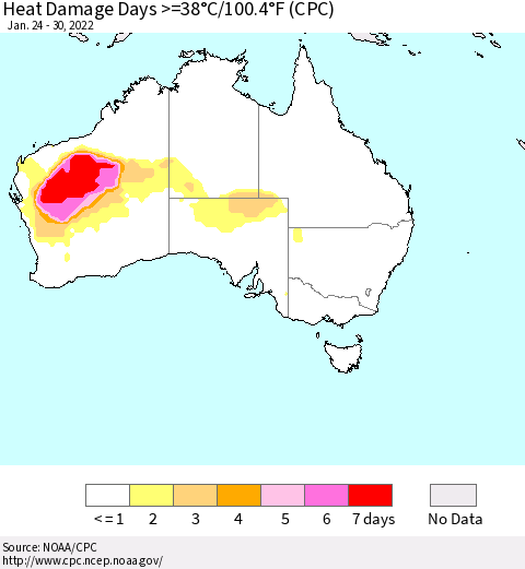 Australia Heat Damage Days >=38°C/100°F (CPC) Thematic Map For 1/24/2022 - 1/30/2022