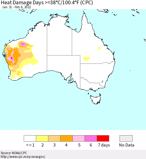 Australia Heat Damage Days >=38°C/100°F (CPC) Thematic Map For 1/31/2022 - 2/6/2022