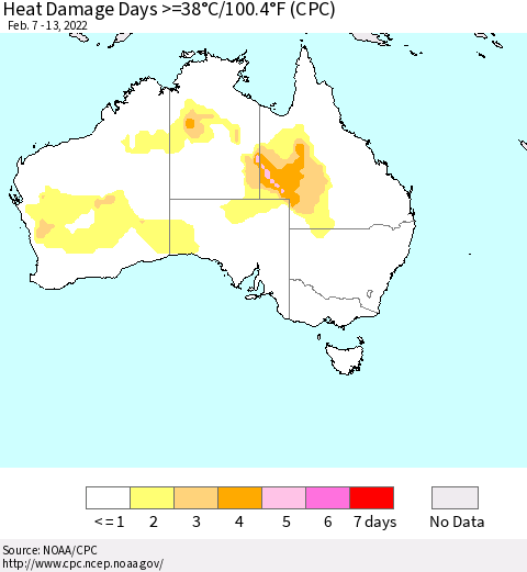 Australia Heat Damage Days >=38°C/100°F (CPC) Thematic Map For 2/7/2022 - 2/13/2022