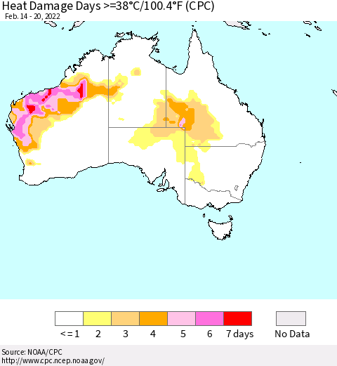 Australia Heat Damage Days >=38°C/100°F (CPC) Thematic Map For 2/14/2022 - 2/20/2022