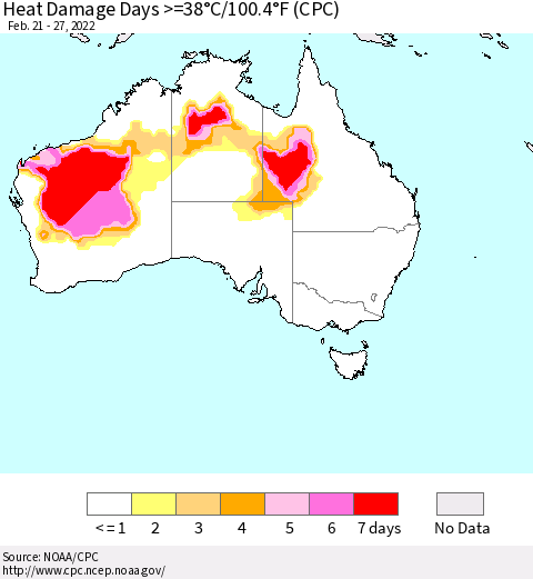 Australia Heat Damage Days >=38°C/100°F (CPC) Thematic Map For 2/21/2022 - 2/27/2022