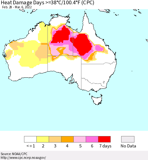 Australia Heat Damage Days >=38°C/100°F (CPC) Thematic Map For 2/28/2022 - 3/6/2022