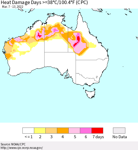 Australia Heat Damage Days >=38°C/100°F (CPC) Thematic Map For 3/7/2022 - 3/13/2022