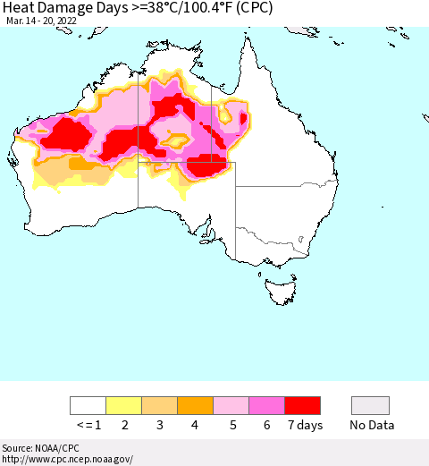 Australia Heat Damage Days >=38°C/100°F (CPC) Thematic Map For 3/14/2022 - 3/20/2022