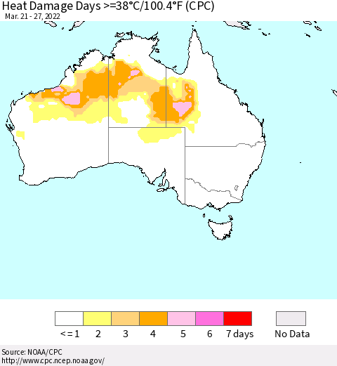 Australia Heat Damage Days >=38°C/100°F (CPC) Thematic Map For 3/21/2022 - 3/27/2022