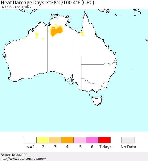 Australia Heat Damage Days >=38°C/100°F (CPC) Thematic Map For 3/28/2022 - 4/3/2022