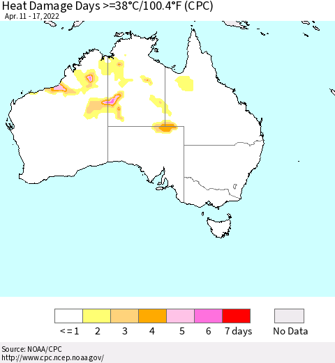 Australia Heat Damage Days >=38°C/100°F (CPC) Thematic Map For 4/11/2022 - 4/17/2022