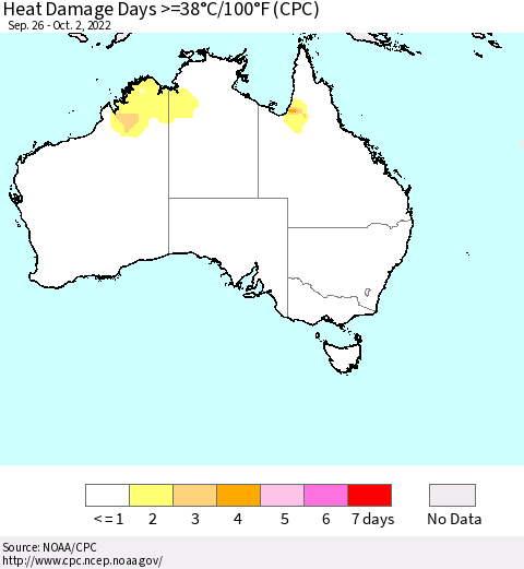 Australia Heat Damage Days >=38°C/100°F (CPC) Thematic Map For 9/26/2022 - 10/2/2022