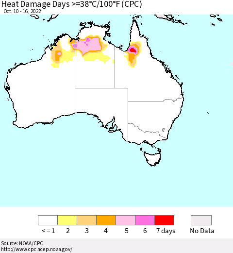 Australia Heat Damage Days >=38°C/100°F (CPC) Thematic Map For 10/10/2022 - 10/16/2022