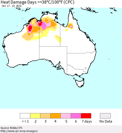 Australia Heat Damage Days >=38°C/100°F (CPC) Thematic Map For 10/17/2022 - 10/23/2022