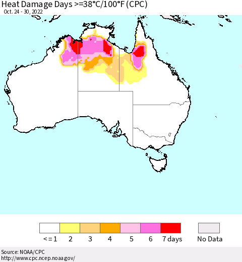 Australia Heat Damage Days >=38°C/100°F (CPC) Thematic Map For 10/24/2022 - 10/30/2022