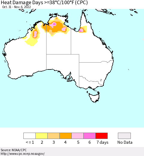 Australia Heat Damage Days >=38°C/100°F (CPC) Thematic Map For 10/31/2022 - 11/6/2022