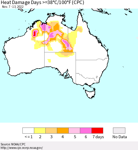 Australia Heat Damage Days >=38°C/100°F (CPC) Thematic Map For 11/7/2022 - 11/13/2022