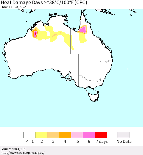 Australia Heat Damage Days >=38°C/100°F (CPC) Thematic Map For 11/14/2022 - 11/20/2022