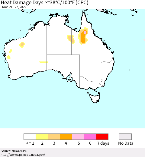 Australia Heat Damage Days >=38°C/100°F (CPC) Thematic Map For 11/21/2022 - 11/27/2022