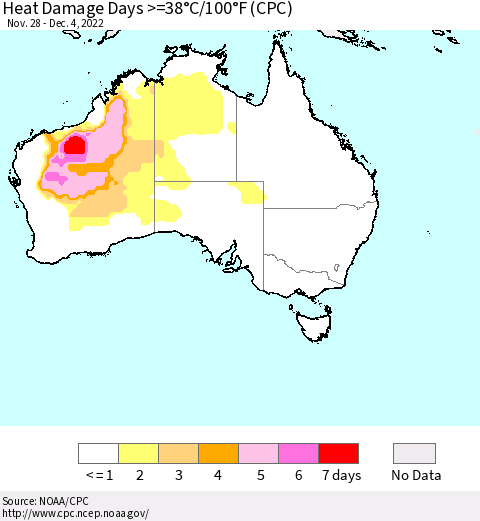 Australia Heat Damage Days >=38°C/100°F (CPC) Thematic Map For 11/28/2022 - 12/4/2022