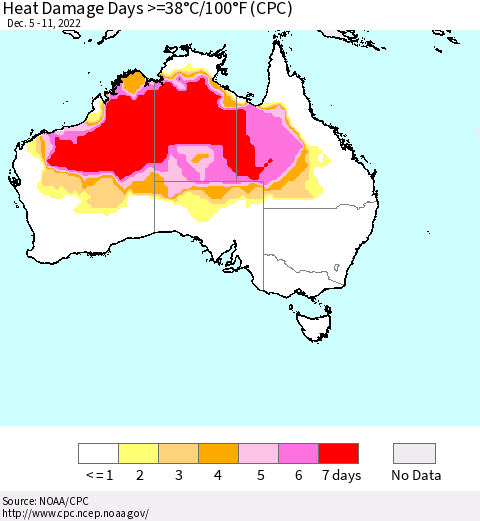 Australia Heat Damage Days >=38°C/100°F (CPC) Thematic Map For 12/5/2022 - 12/11/2022