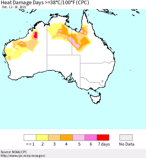 Australia Heat Damage Days >=38°C/100°F (CPC) Thematic Map For 12/12/2022 - 12/18/2022