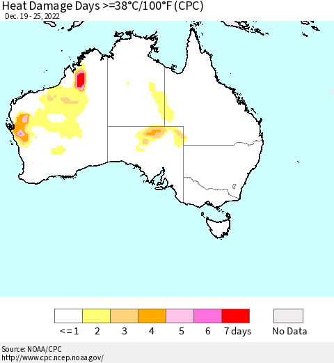 Australia Heat Damage Days >=38°C/100°F (CPC) Thematic Map For 12/19/2022 - 12/25/2022