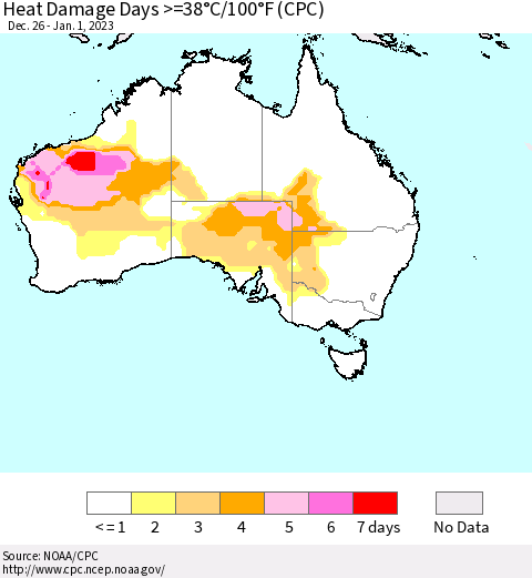 Australia Heat Damage Days >=38°C/100°F (CPC) Thematic Map For 12/26/2022 - 1/1/2023