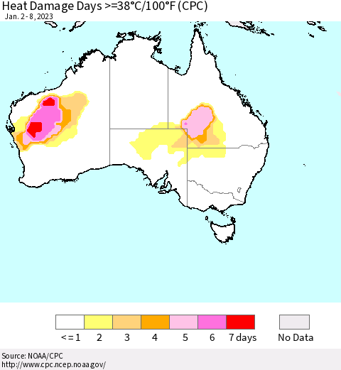 Australia Heat Damage Days >=38°C/100°F (CPC) Thematic Map For 1/2/2023 - 1/8/2023