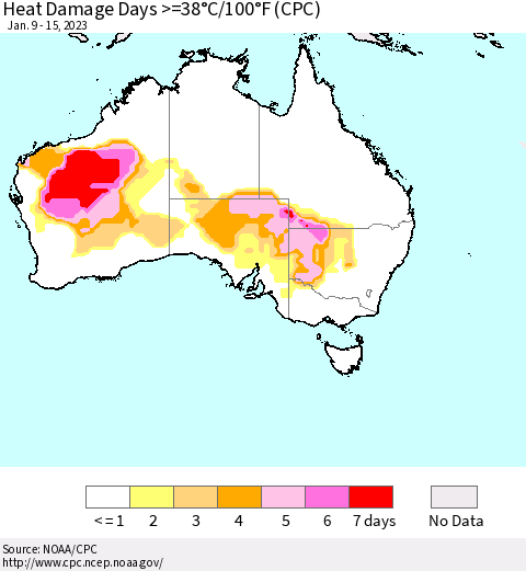 Australia Heat Damage Days >=38°C/100°F (CPC) Thematic Map For 1/9/2023 - 1/15/2023