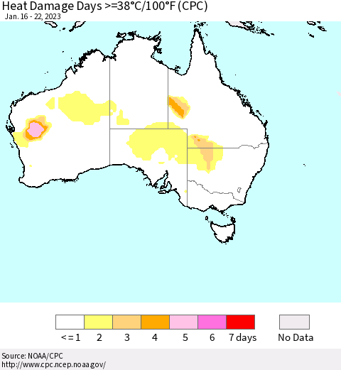 Australia Heat Damage Days >=38°C/100°F (CPC) Thematic Map For 1/16/2023 - 1/22/2023