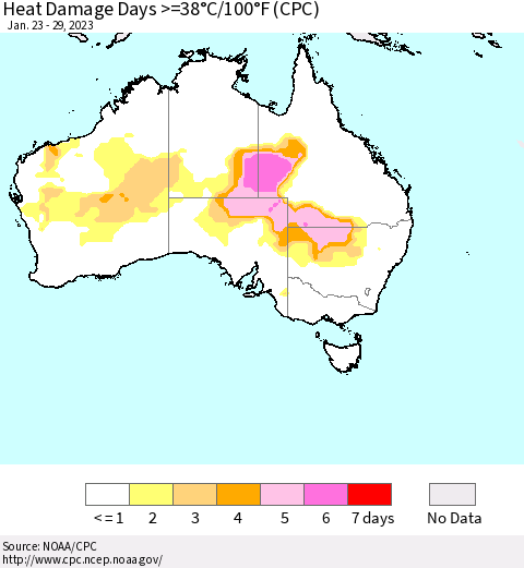 Australia Heat Damage Days >=38°C/100°F (CPC) Thematic Map For 1/23/2023 - 1/29/2023