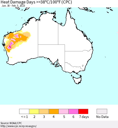 Australia Heat Damage Days >=38°C/100°F (CPC) Thematic Map For 1/30/2023 - 2/5/2023