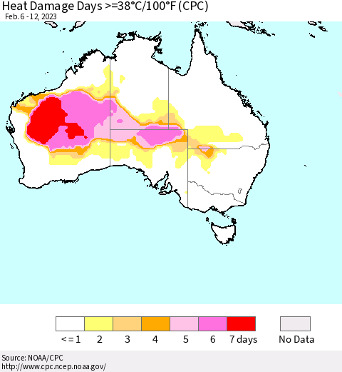 Australia Heat Damage Days >=38°C/100°F (CPC) Thematic Map For 2/6/2023 - 2/12/2023