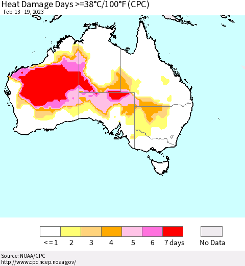 Australia Heat Damage Days >=38°C/100°F (CPC) Thematic Map For 2/13/2023 - 2/19/2023