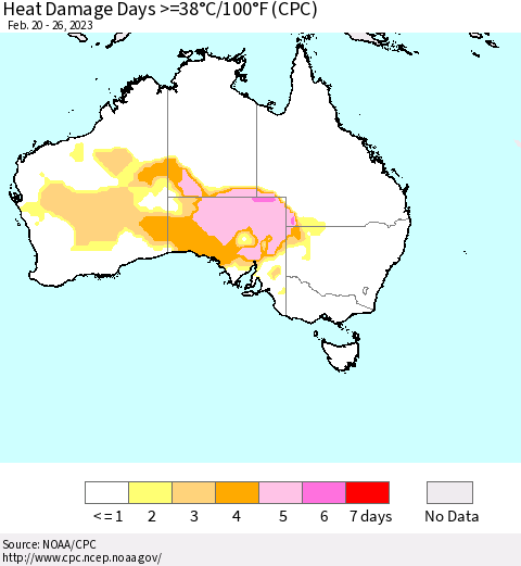 Australia Heat Damage Days >=38°C/100°F (CPC) Thematic Map For 2/20/2023 - 2/26/2023