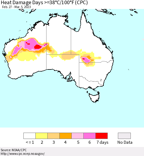 Australia Heat Damage Days >=38°C/100°F (CPC) Thematic Map For 2/27/2023 - 3/5/2023
