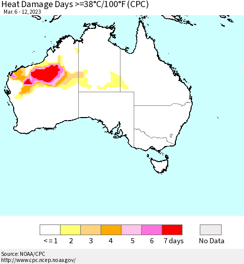 Australia Heat Damage Days >=38°C/100°F (CPC) Thematic Map For 3/6/2023 - 3/12/2023
