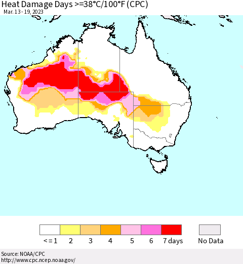 Australia Heat Damage Days >=38°C/100°F (CPC) Thematic Map For 3/13/2023 - 3/19/2023