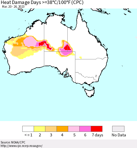 Australia Heat Damage Days >=38°C/100°F (CPC) Thematic Map For 3/20/2023 - 3/26/2023