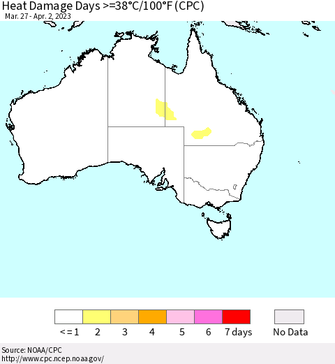 Australia Heat Damage Days >=38°C/100°F (CPC) Thematic Map For 3/27/2023 - 4/2/2023